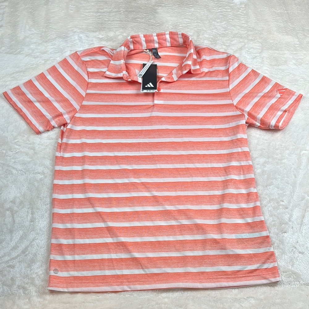 Adidas Orange and White Polo Golf Shirt Soft Fabric Logo Sleeve 100% Polyester